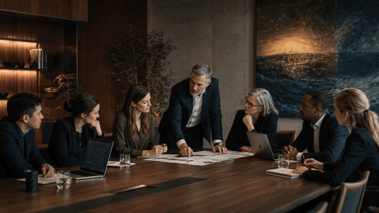 Equipo intergeneracional de consultores empresariales colaborando en sesión estratégica ejecutiva dentro de una sala corporativa moderna y sofisticada.