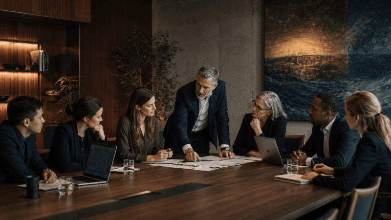 Equipo intergeneracional de consultores empresariales colaborando en sesión estratégica ejecutiva dentro de una sala corporativa moderna y sofisticada.