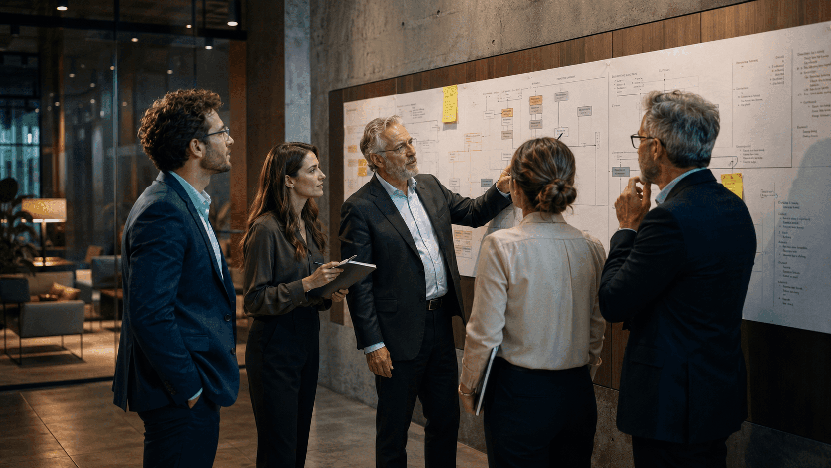 Consultores y profesionales de distintas generaciones trabajando de pie en revisión estratégica de procesos y operaciones empresariales.