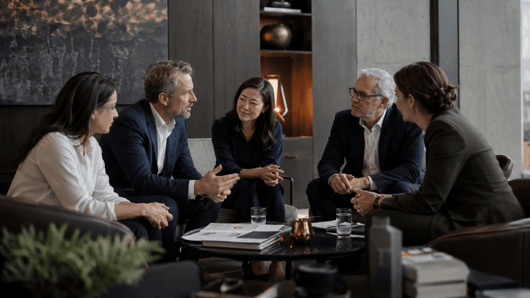 Conversación cercana entre consultores y clientes en entorno ejecutivo, reflejando colaboración, confianza y acompañamiento estratégico.