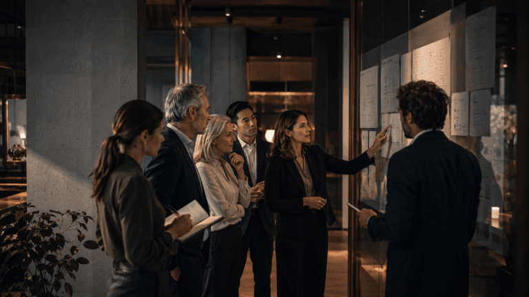 Equipo multidisciplinario de consultores senior y junior analizando procesos y flujos operativos frente a un muro estratégico en una oficina corporativa moderna.